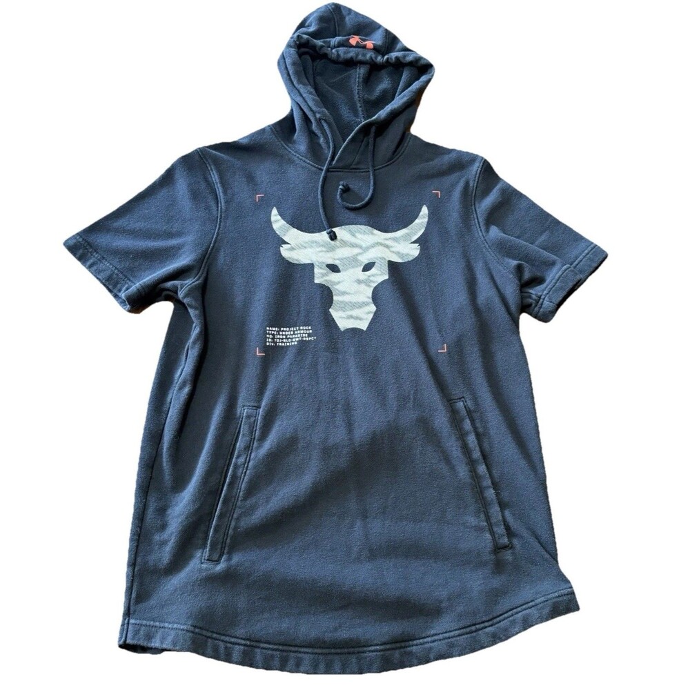 Under Armour Project Rock Black Terry Short Sleeve Hoodie Small Bull